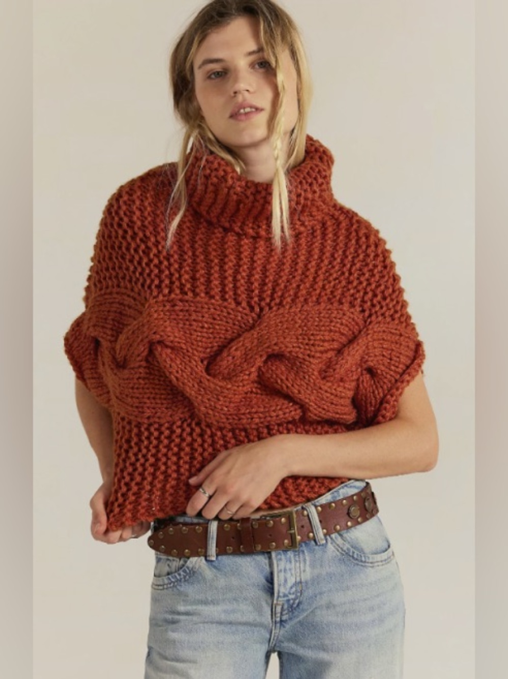 Free People Nigel Preston Orange Knit Turtleneck Sweater One Size Cable Knit